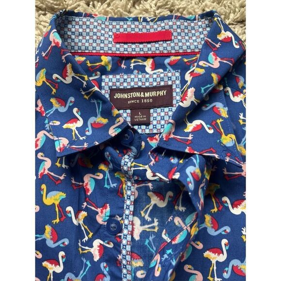 Johnston & Murphy Hawaiian Aloha L Shirt Flamingos Red White Blue Buttons - Picture 6 of 11